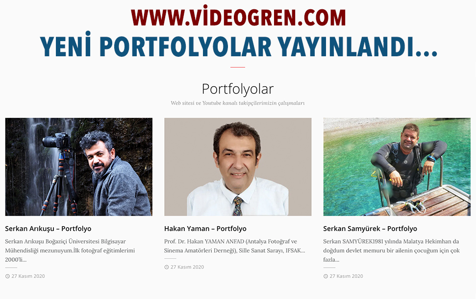 videogren.com'da yeni portfolyolar... 
Serkan ARIKUŞU - Kayseri / Kapadokya Portfolyosu
videogren.com/2020/11/27/ser…
Hakan YAMAN – Kızılötesi Portfolyosu
videogren.com/2020/11/27/hak…
Serkan SAMYÜREK - Sualtı Portfolyosu videogren.com/2020/11/27/ser…
videogren.com/kategori/galer…