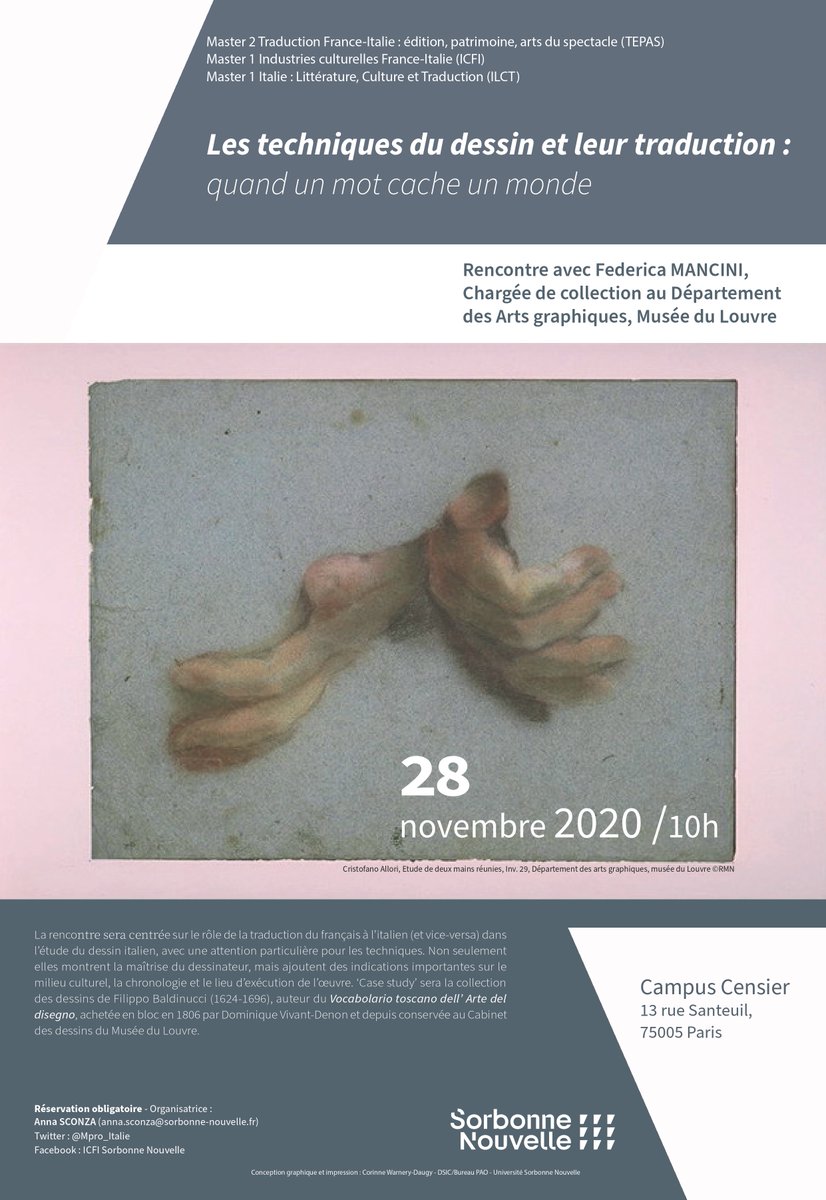 MPro_Italie's tweet photo. A propos de Muséologie (M1 ICFI) et Traduction (M2 TEPAS), merci à Federica MANCINI, Chargée de collection au département des Arts graphiques du Louvre, de venir nous parler des techniques du dessin et leur traduction, demain, sam 28 nov à 10h: https://t.co/5P5h7COcWG
@Fedelouvre https://t.co/KE5HHm37YU