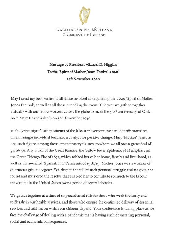 President Michael D Higgins @PresidentIRL has sent his best wishes and support to @MotherJonesCork ahead of the Spirit of Mother Jones Festival (running from 27-30 Nov)! 🥳
🧑💻Learn more: https://t.co/ga6a5rVsH1
➡️We are so proud to support this yr's fest via our Heritage Grant https://t.co/rpEVJmPO4x