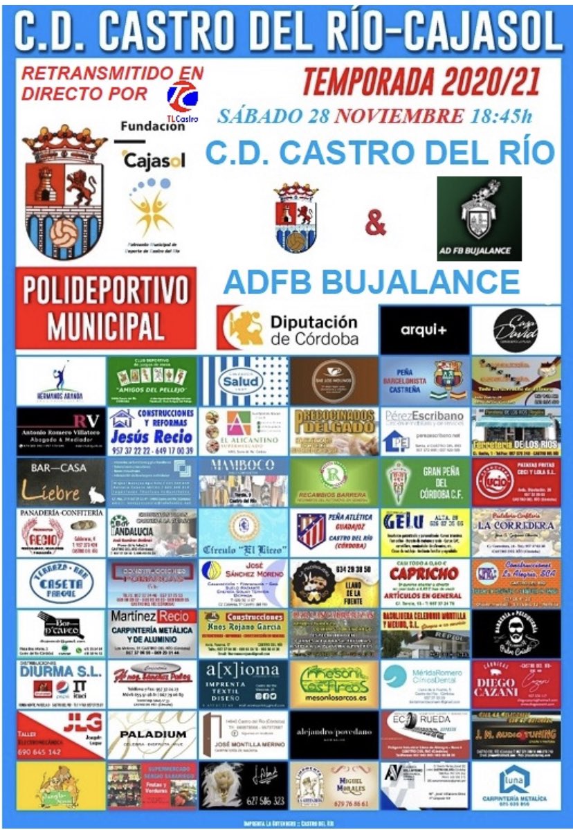 📣SEXTA JORNADA
🏆Primera Andaluza
📆Sábado 28 Noviembre
⏰18,45h
🆚<a href="/AdfbBujalance/">ADFB Bujalance</a> 
🏟Municipal Castro Del Río
🔐Puerta cerrada
📺Directo por <a href="/TLCastroTV/">TLCastro</a> 
👨‍👨‍👧‍👧Siguemos por instagram y twuiter
