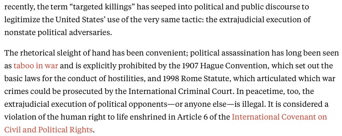 Nations that engage in “targeted killing” have used sophistry to get around what would otherwise be considered a grave violation of the UN Charter  https://foreignpolicy.com/2020/01/10/targeted-killing-assassination-extrajudicial-execution-targeted-killing-illegal-trump-iran-suleimani/