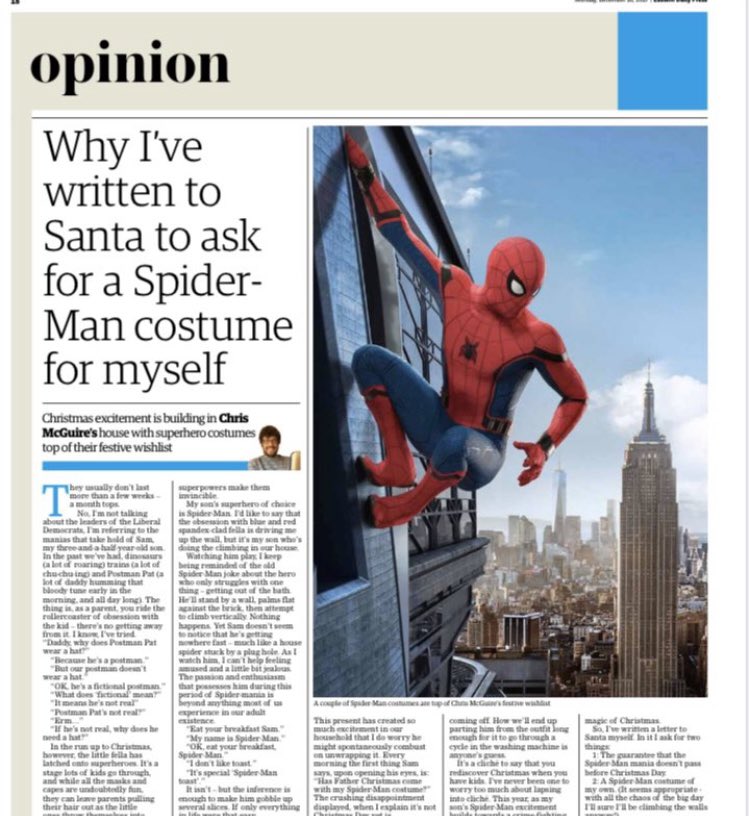 McGuireski's tweet photo. Are your kids writing their letters to #FatherChristmas? Here’s a piece I wrote for #EasternDailyPress about my son’s #Spiderman obsession...
#Christmas #superheroes #ChristmasPresents #Funny #fatherhood  #parenting

https://t.co/UfDWwC5XHf https://t.co/TzDn6csGhv
