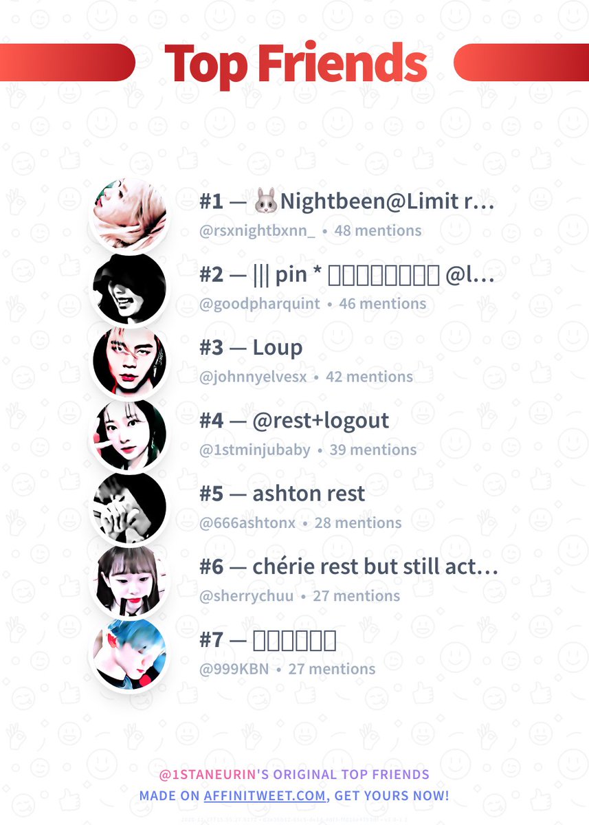 ✨ Top Friends

🥇 @rsxnightbxnn_
🥈 @goodpharquint
🥉 @johnnyelvesx
🏅 <a href="/1stminjubaby/">เพิวจิ้ง</a>
🏅 @666ashtonx
🏅 <a href="/sherrychuu/">chérie (inactive)</a>
🏅 <a href="/999KBN/">กองบิน</a>

➡️ affinitweet.com/top-friends