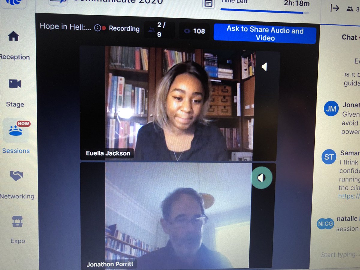littlegreenamy's tweet photo. Hope in Hell - an engaging & uplifting end to the week - listening to @EuellaIsis of @RisingArtAgency in conversation with @jonathonporritt - closing the @nat_his_con #Communicate20 conference https://t.co/rEwZqpDV4Q