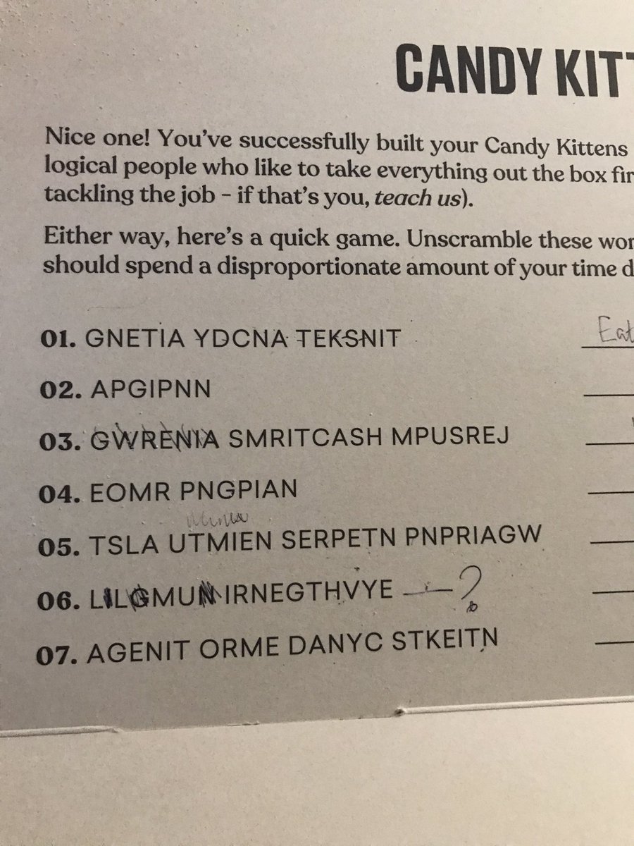 ZSlatter's tweet image. Hey @candykittens we’ve just set up your awesome advent calendar and doing your anagram but we can’t find the answers. Stuck on number 6, you got any tips? @Kim13Collins