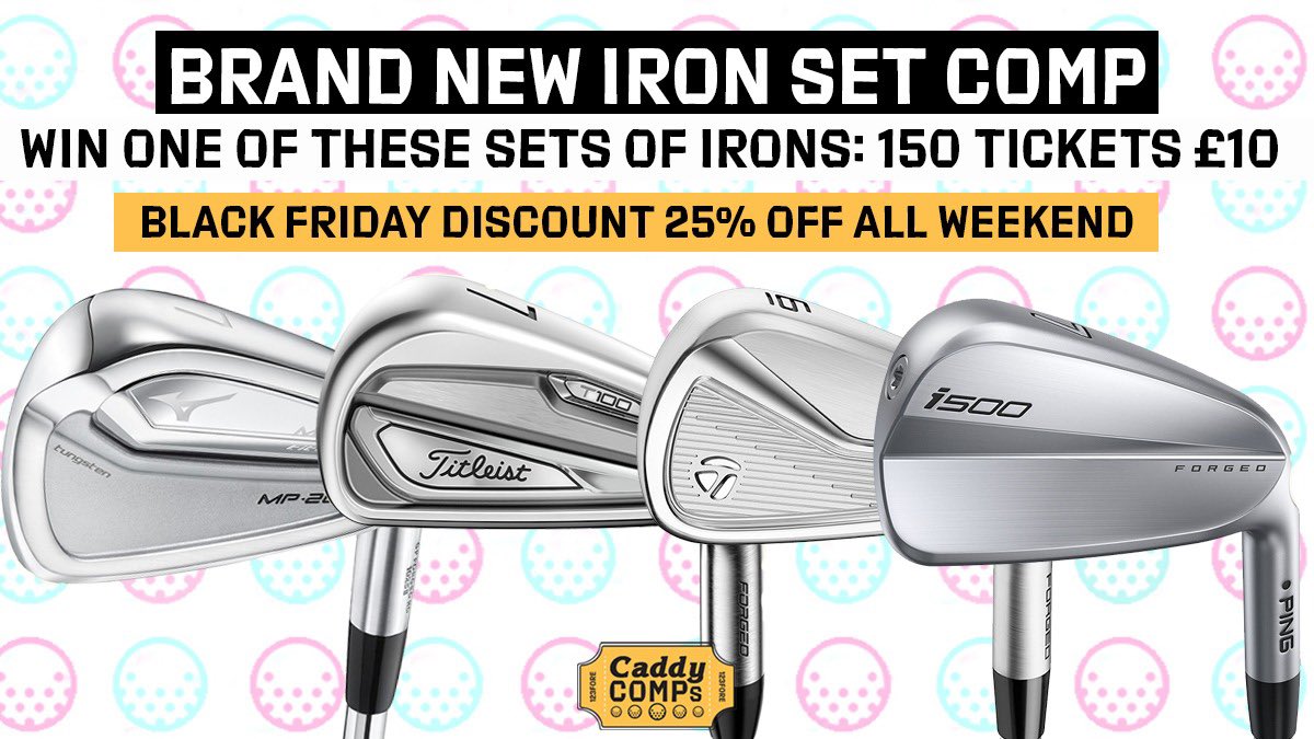 BRAND NEW IRON SET COMP Win either: Mizuno MMC MP20 (4-PW) Titleist T100 (4-PW) TaylorMade P7MC (4-PW) Ping i500 (4-PW) 🏌️‍♂️Winner has option to custom fit. 🎟 £10 per Ticket (Reduced to £7.50 all weekend for #BlackFriday) Enter comp >>> cadraf.co/IRONSETComp #CaddyComps