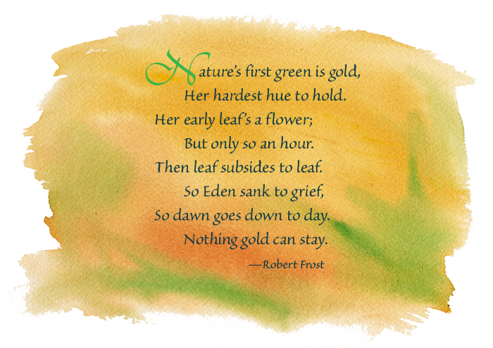 CeliaHarrison16's tweet photo. Nothing Gold Can Stay
             -BY ROBERT FROST
Nature’s first green is gold,
Her hardest hue to hold.
Her early leaf’s a flower;
But only so an hour.
Then leaf subsides to leaf.
So Eden sank to grief,
So dawn goes down to day.
Nothing gold can stay.
#poem 
#FlashbackFriday https://t.co/M3RGLYAhFA