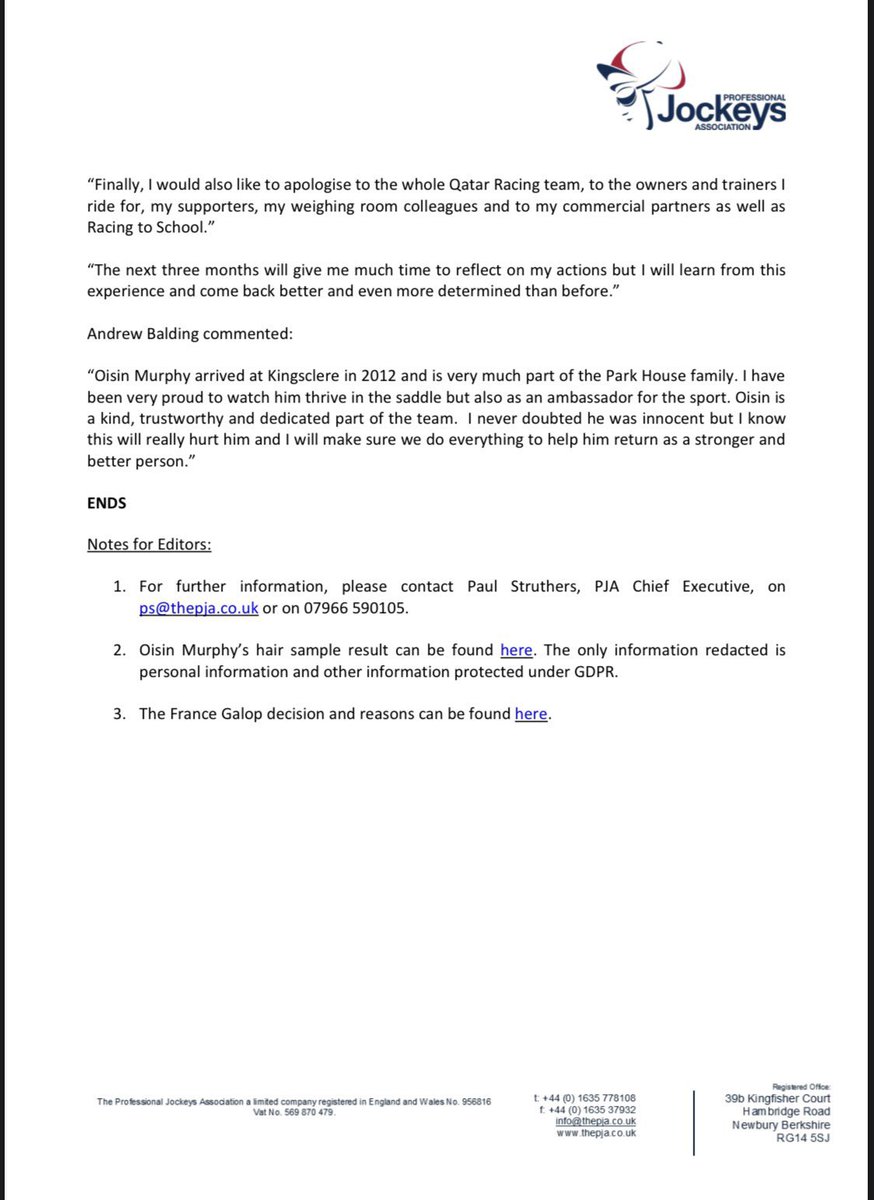 Official statement from Oisín Murphy.