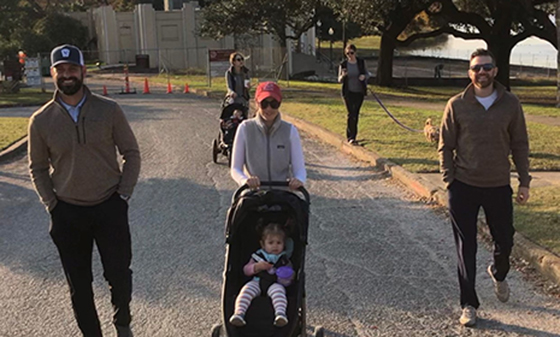 CoreNetNorthTex's tweet image. Leading the Young Leaders Nov. 13th “Walk in the Park” from The Bath House Cultural Center at White Rock Lake are (L to R) Elias Bahar, wife Amy Bahar, daughter Hadley Bahar, Coke Elms, followed by Lauren Clark and Sarah Flottman. Photo taken by Rachael Turin.