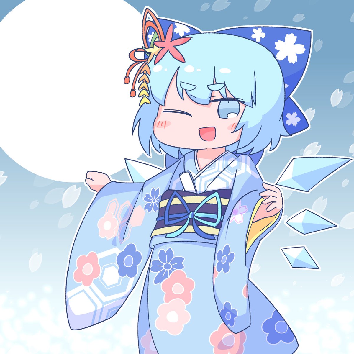 cirno 1girl kimono japanese clothes solo blue hair wings one eye closed  illustration images