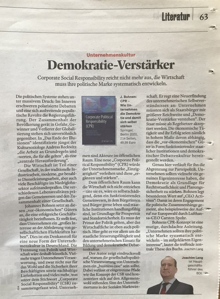 JohannesBohnen's tweet photo. Heute ist im @handelsblatt eine #Rezension meines Buches #CorporatePoliticalResponsibility erschienen. Großer Dank an @Der_BDI HGF Dr. Joachim Lang! Es freut mich, wenn der „Business Case“ #CPR in der Wirtschaft auf wachsende Resonanz stößt. #Handelsblatt #Buchrezension #BDI https://t.co/c2KSUIVW1K