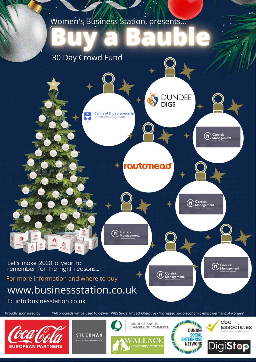 carrickmgmt's tweet photo. Carrick Management is proud to be supporting @WBS10by30 and their 'Buy A Bauble' campaign.
If you want to participate and support local women in business, you can learn more at: https://t.co/PHkQG3zjUN
#CreatingBetterOutcomes #Dundee #Together #WeWin https://t.co/w2qUtyil0s