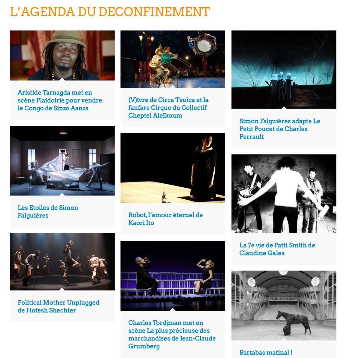 [actu] L'agenda du déconfinement se remplit petit à petit sur sceneweb.fr ! <a href="/lacolline_tn/">La Colline</a>  @FESTIVALAUTOMNE  @TheatreFirminG  <a href="/theatre_14/">Théâtre 14</a>  @RondPointParis <a href="/TheaVilleParis/">Théâtre de la Ville</a> @MonfortTheatre
