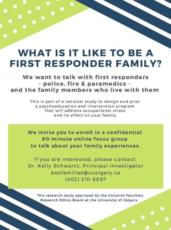 KellyDSchwartz's tweet photo. Are you a first responder or spouse/partner of a police, fire, or paramedic member? Join @BOSFamilies focus groups to talk about life in a #FirstResponders family. @YYCFIREDEPT @CalgaryPolice @ahs_ems @chiefmcmullen @CanadaBTB @CdnFireChiefs @CACP_ACCP @MDAmbulanceCare Pls RT https://t.co/C5Nf5tAymK