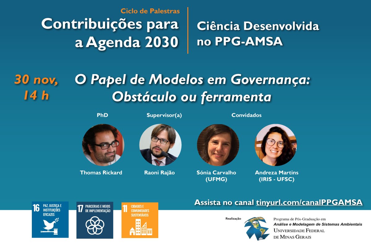 Thomas the Rickard (@t_l_rickard) on Twitter photo Na segunda, apresentarei sobre o papel de modelos ambientais, ciência, e peritos em governança ambiental participativa, o foco é a modelagem da bacia do Rio Doce para priorização de 40.000 ha de reflorestamento
<a href="/RajaoPhD/">Raoni Rajão 🇧🇷</a>
tinyurl.com/canalPPGAMSA
#participation #sciencepolicy Na segunda, apresentarei sobre o papel de modelos ambientais, ciência, e peritos em governança ambiental participativa, o foco é a modelagem da bacia do Rio Doce para priorização de 40.000 ha de reflorestamento
<a href="/RajaoPhD/">Raoni Rajão 🇧🇷</a>
tinyurl.com/canalPPGAMSA
#participation #sciencepolicy