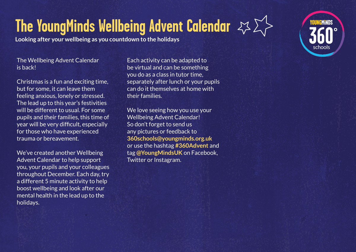 Active_Schools's tweet photo. Have a look at this great @YoungMindsUK Wellbeing Advent Calendar! 🤗🎄
Each day for the last 3 weeks of term, you can try a different 5 minute activity to boost wellbeing and look after you and your classroom's mental health.
#360Advent https://t.co/atEg1NJnoE