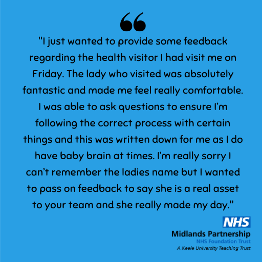mpftnhs's tweet photo. Today’s #feedbackfriday received by our PALS team is for a Health Visitor based in Tamworth who is part of the Families Health and Wellbeing 0-19 service, an integrated Health Visiting &amp; School Nursing service for Staffordshire. #LivingOurValues #ListenAndEngage #Respectful 👏👍 https://t.co/Kudks6DOr2