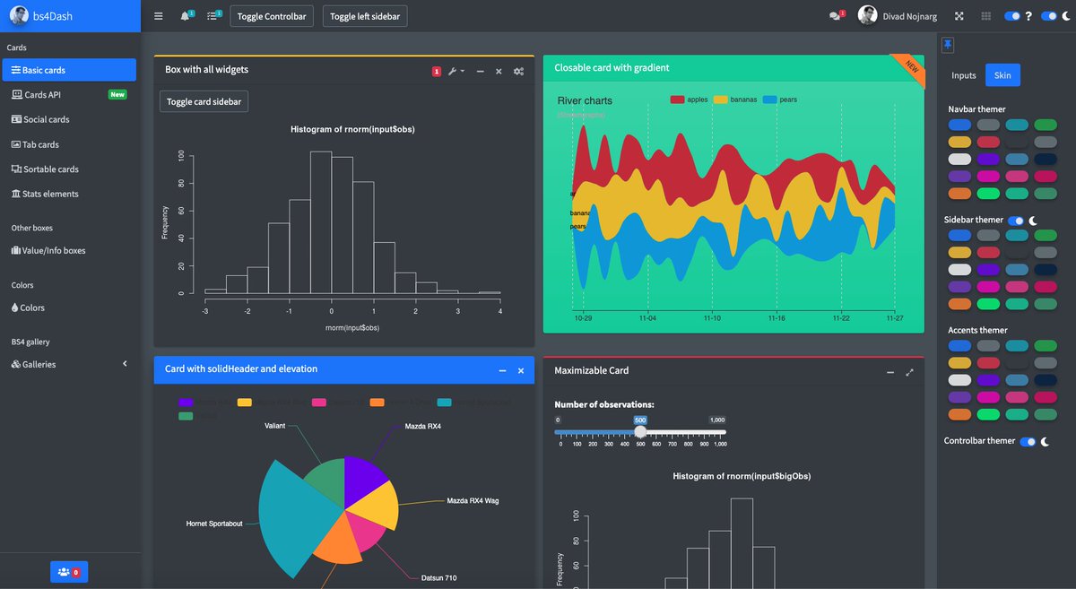 divadnojnarg's tweet image. Hi #Rstats 🗣️. Today RinteRface is 2 years old! 🎂🎂🎂. I am delighted to release {bs4Dash} 2.0.0 on github. The live demo is available here: dgranjon.shinyapps.io/bs4DashDemo/. Moving from {shinydashboard} to {bs4Dash}: library(bs4Dash), nothing more. Feedback welcome 🙏