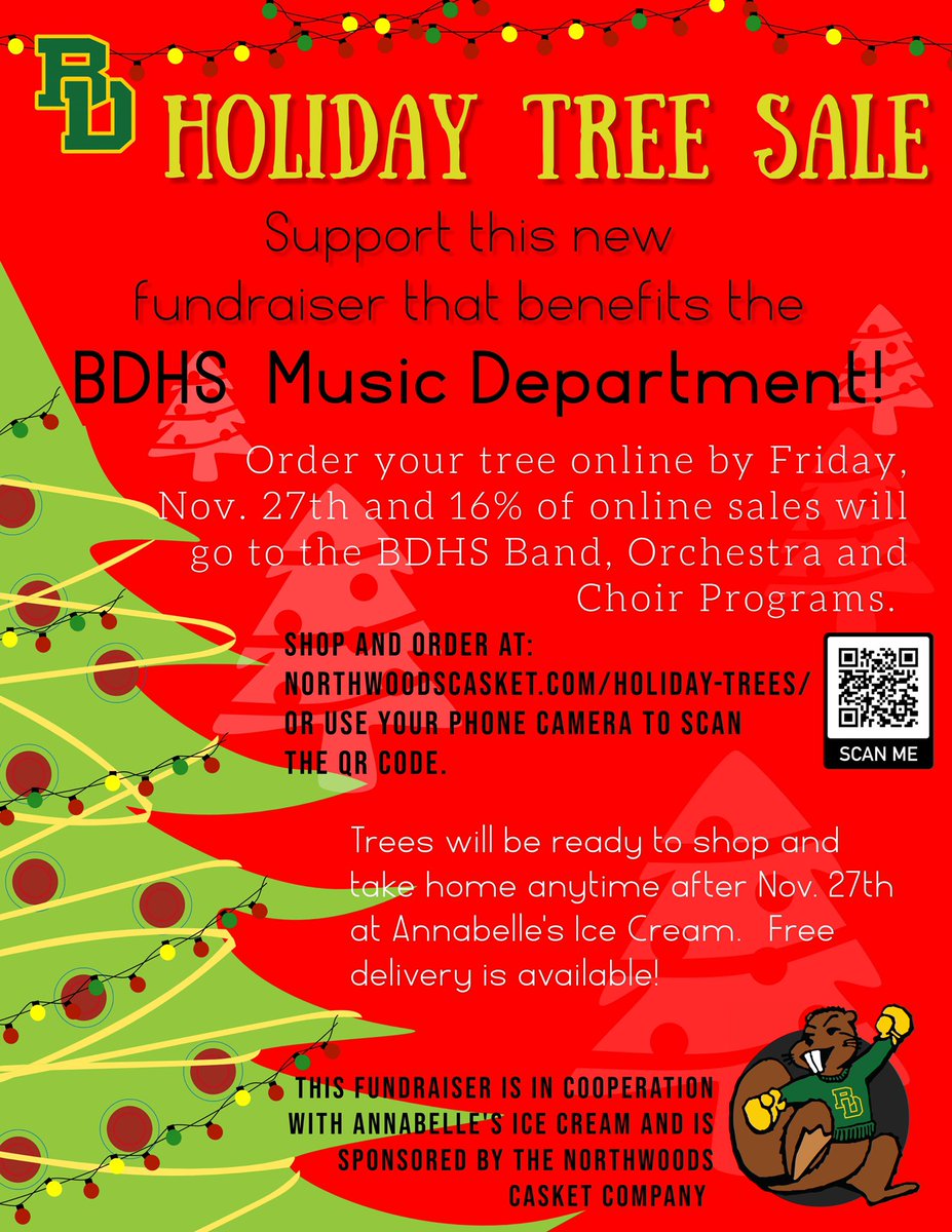 Planning on picking out a tree this weekend?  Consider buying from Annabelles!  They are  donating 16% of each purchase to the BDHS Music Department for all online sales.  
Order online today and visit Annabelles at any time to pick up your tree. 
tinyurl.com/holiday-trees