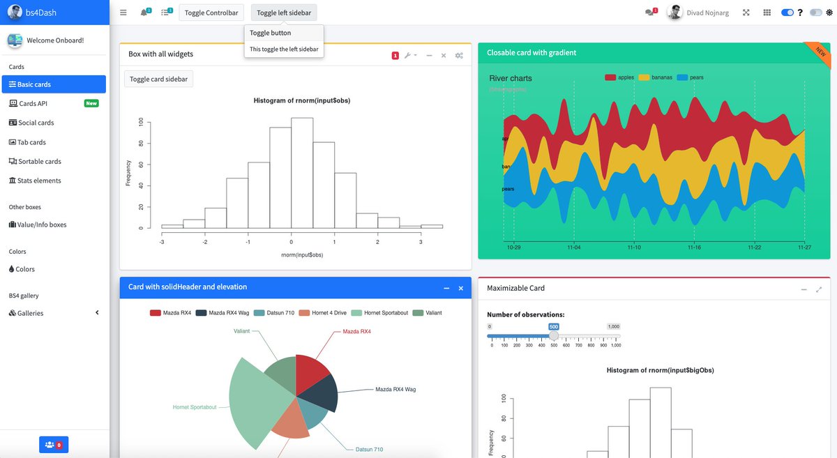 divadnojnarg's tweet image. Hi #Rstats 🗣️. Today RinteRface is 2 years old! 🎂🎂🎂. I am delighted to release {bs4Dash} 2.0.0 on github. The live demo is available here: dgranjon.shinyapps.io/bs4DashDemo/. Moving from {shinydashboard} to {bs4Dash}: library(bs4Dash), nothing more. Feedback welcome 🙏