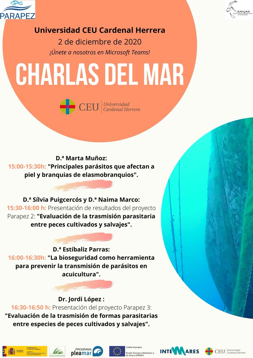 JordiLopezRamon's tweet image. Aprovechando que el 30/11 es el día de la acuicultura, el 2/12 organizamos las  &quot;Charlas del Mar&quot;, donde expondremos los resultados del proyecto #Parapez 2, confinanciado por la @FBiodiversidad a través de #programapleamar. @uchceu ¡Inscríbete! forms.office.com/Pages/Response…