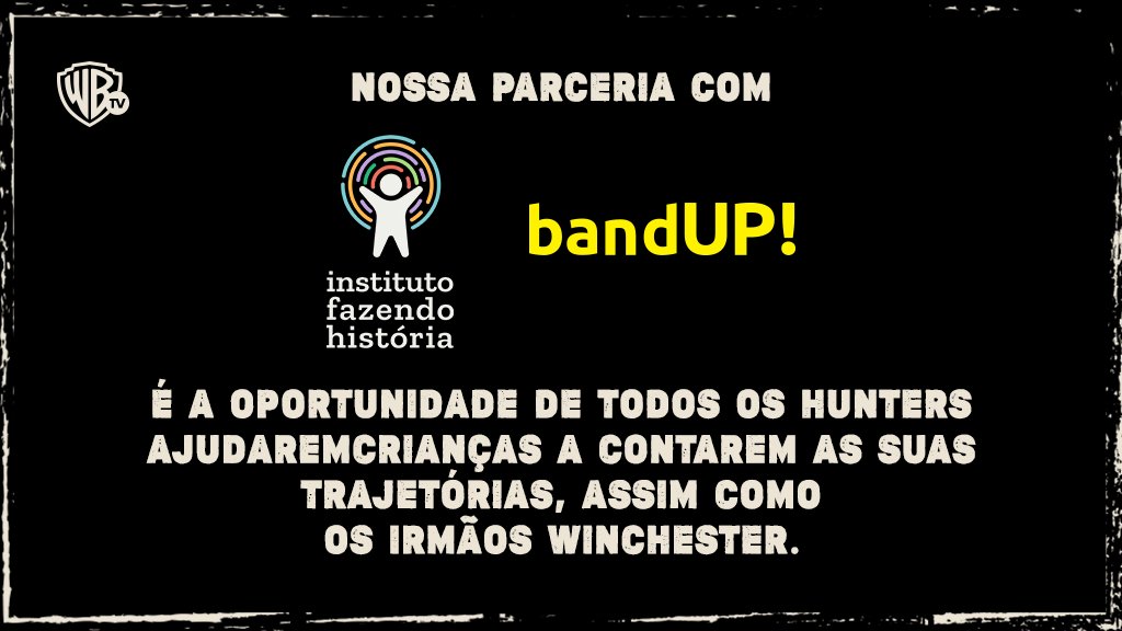 WarnerChannelBR's tweet photo. Chegou a hora da #FamiliaSPN deixar seu legado e ajudar crianças a contarem suas histórias, assim como os irmãos Winchester! Apoie a nossa iniciativa social em parceria com o @institutofh e a BandUp! 🖤 

Link: https://t.co/bryzecfCHL https://t.co/9eukgnvsin