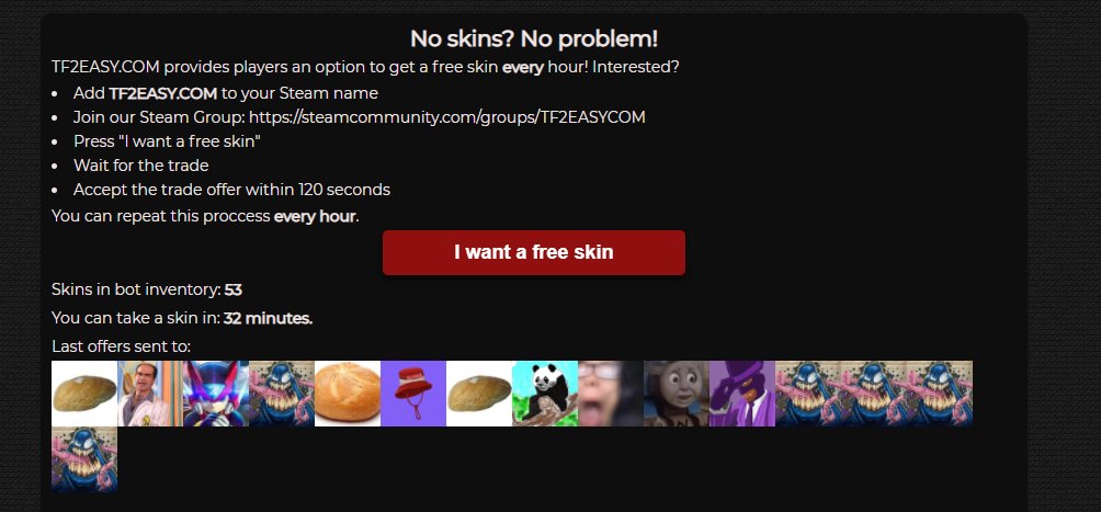 TF2EASY's tweet photo. Completely free TF2 skins are back!
Take yours here:
https://t.co/6uwVf4HEKF
#TF2 #TF2Skin #TeamFortress2 https://t.co/1GV1SWr8Tt