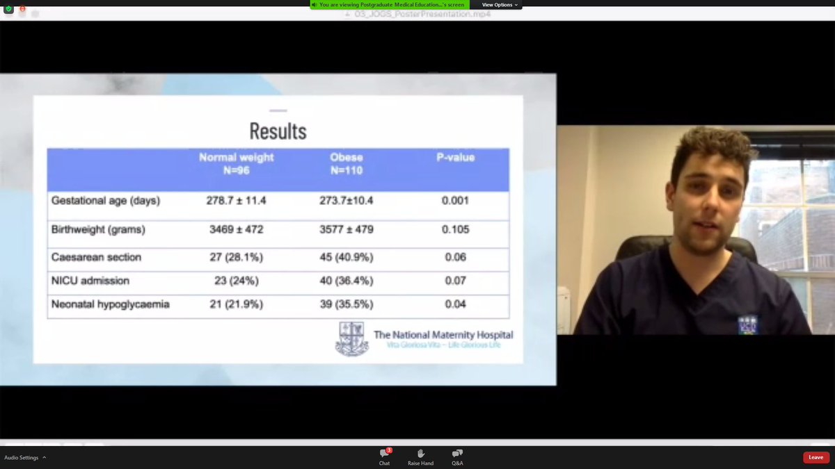 JOGSIreland's tweet photo. Aonghus McCarthy's overview of his work comparing the obstetric and neonatal outcomes in normal weight and obese pregnant women with gestational diabetes #tops20JOGSposter #JOGS2020 https://t.co/qDN4BalvNI
