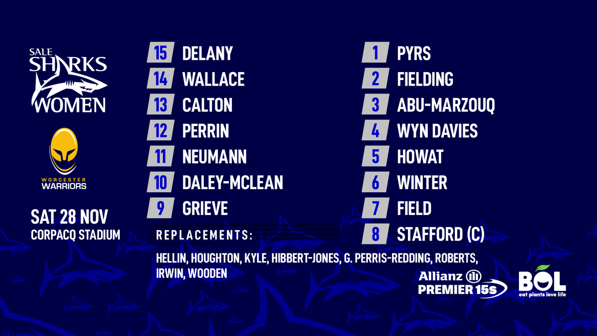 SaleSharksWomen's tweet photo. TEAM NEWS | Here is how #YourSharks will line up against Worcester Warriors tomorrow 🦈

A reminder that the game will be streaming on @SaleSharksRugby's Twitter and Facebook channels at 2:30!

Read more! 👇

https://t.co/gIkk5uVbDL https://t.co/4QDTOkyDqO