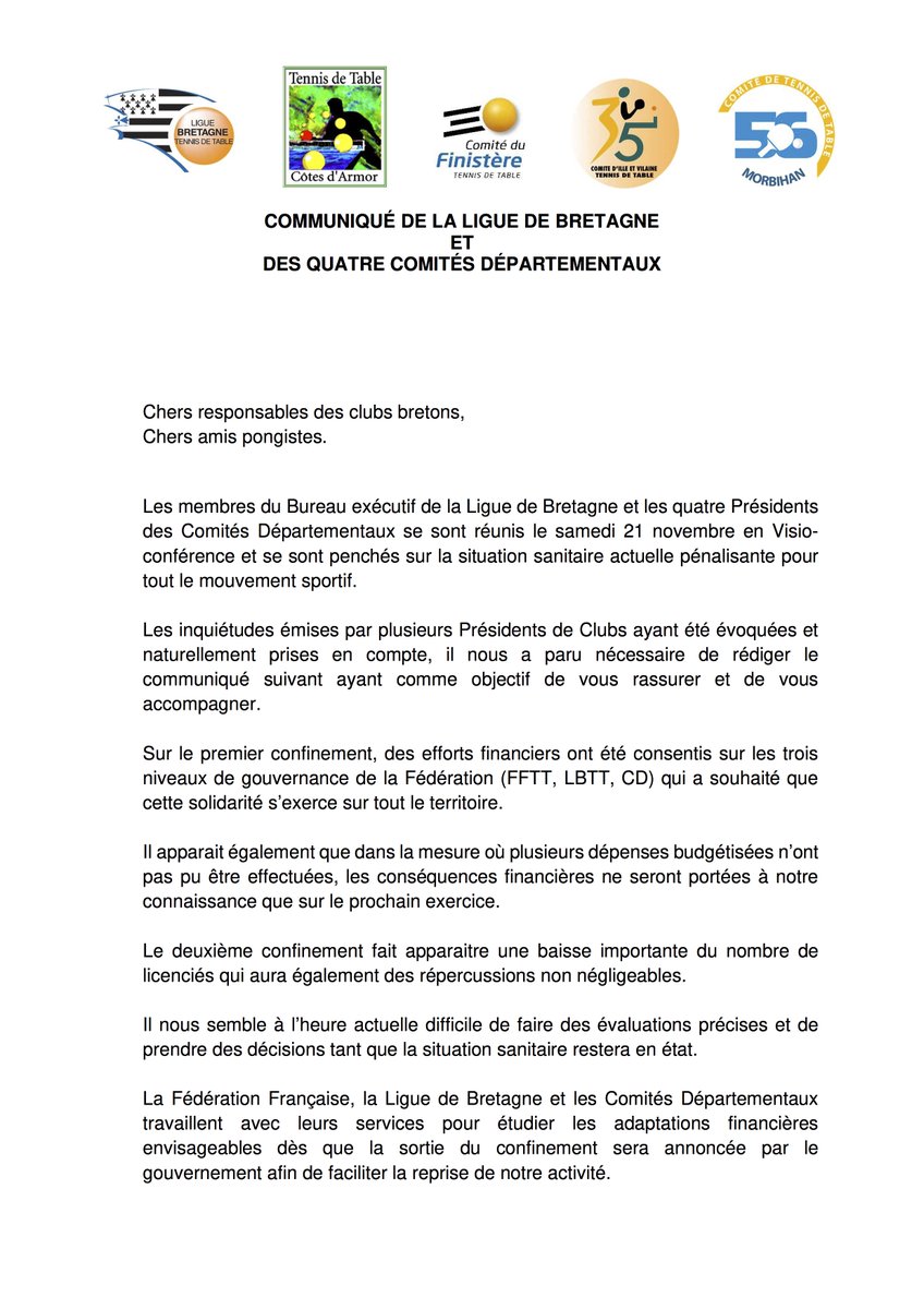 🚨{𝗖𝗢𝗠𝗠𝗨𝗡𝗜𝗤𝗨𝗘́}
Retrouvez un Communiqué émanant de la Ligue de Bretagne de Tennis de Table et de ses 4 Comités Départementaux 🏓
#lbzhtt #fftt #clubs #communique #TennisdeTable #bzh #bretagne https://t.co/69r2sx88sS