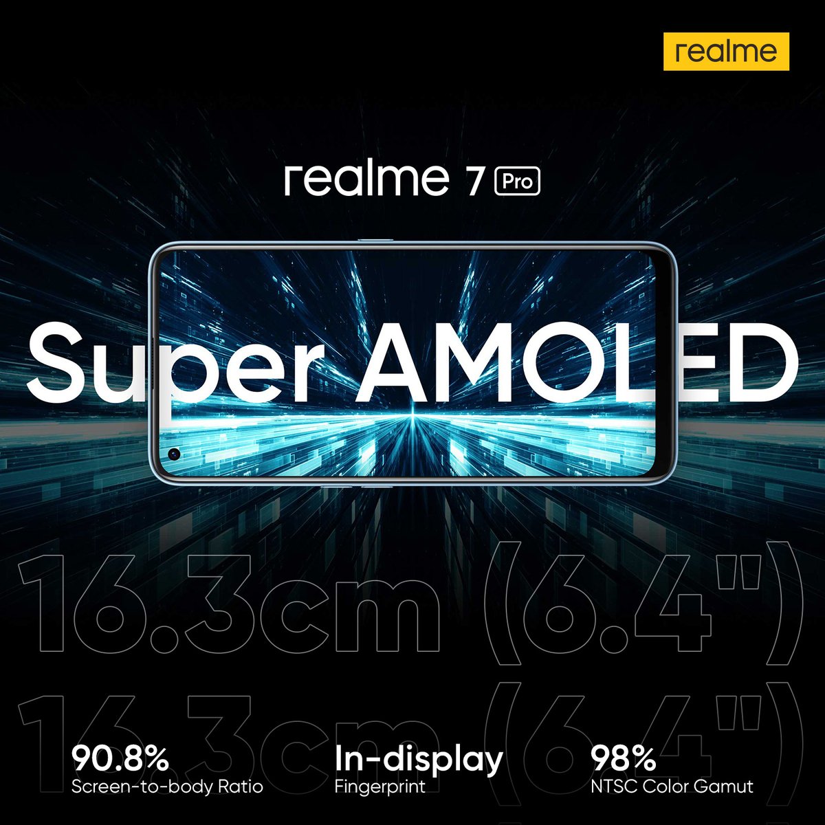 pakistan_realme's tweet photo. Make your world more vivid! Supporting a 16.3cm (6.4") Super AMOLED Fullscreen, the #realme7Pro offers a premium viewing experience with better color & contrast quality. Available in the markets all over Pakistan for just Rs.54,999. #65WChargingEvolution #realme #DareToLeap https://t.co/Qlg5FP8r8R