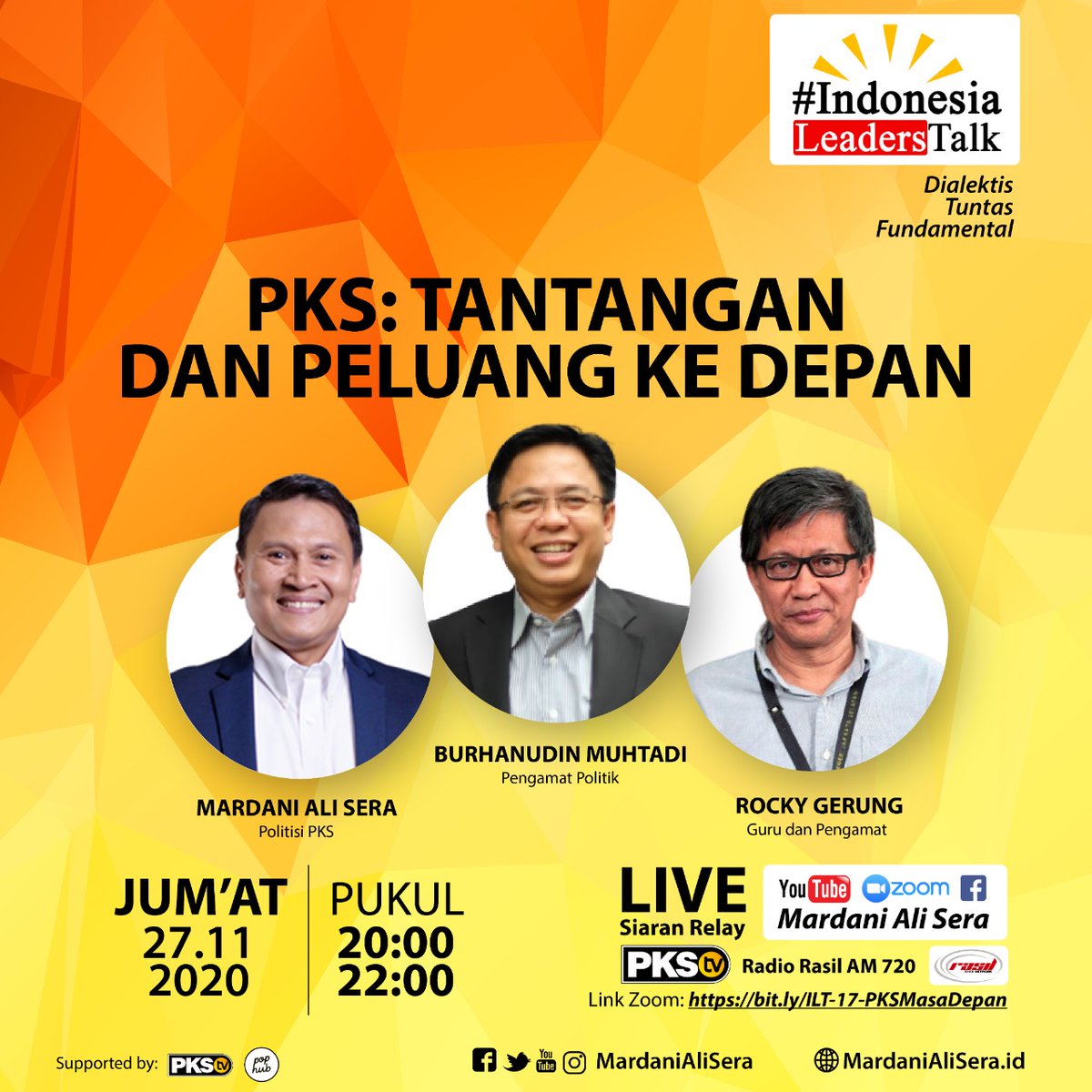 MardaniAliSera's tweet photo. Malam ini #ILT17 Spesial MUNAS V PKS "PKS: Tantangan dan Peluang Ke Depan" bersama bung Rocky dan mas @BurhanMuhtadi. Live Streaming di Youtube dan Facebook Mardani Ali Sera, direlay akun @PKSTV & Radio Rasil 720 AM.
#SemangatBaruPKS #PKSPelayanRakyat #BersamaMelayaniRakyat https://t.co/JW8Kpy1vLN