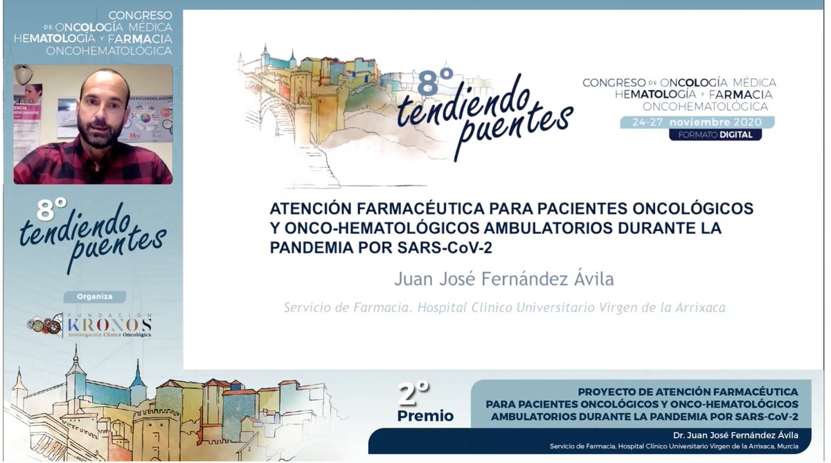2º premio #tendiendopuentes para el proyecto: "Atención farmacéutica para pacientes oncológicos y Onco-hematológicos ambulatorios durante la pandemia por SARS-CoV-2".
¡ENHORABUENA a <a href="/JuanjoFern76/">Juanjo Fernandez</a> y resto de equipo!
<a href="/FarmaciaHCUVA/">Servicio Farmacia Arrixaca</a> <a href="/Murciasalud/">Murciasalud</a>