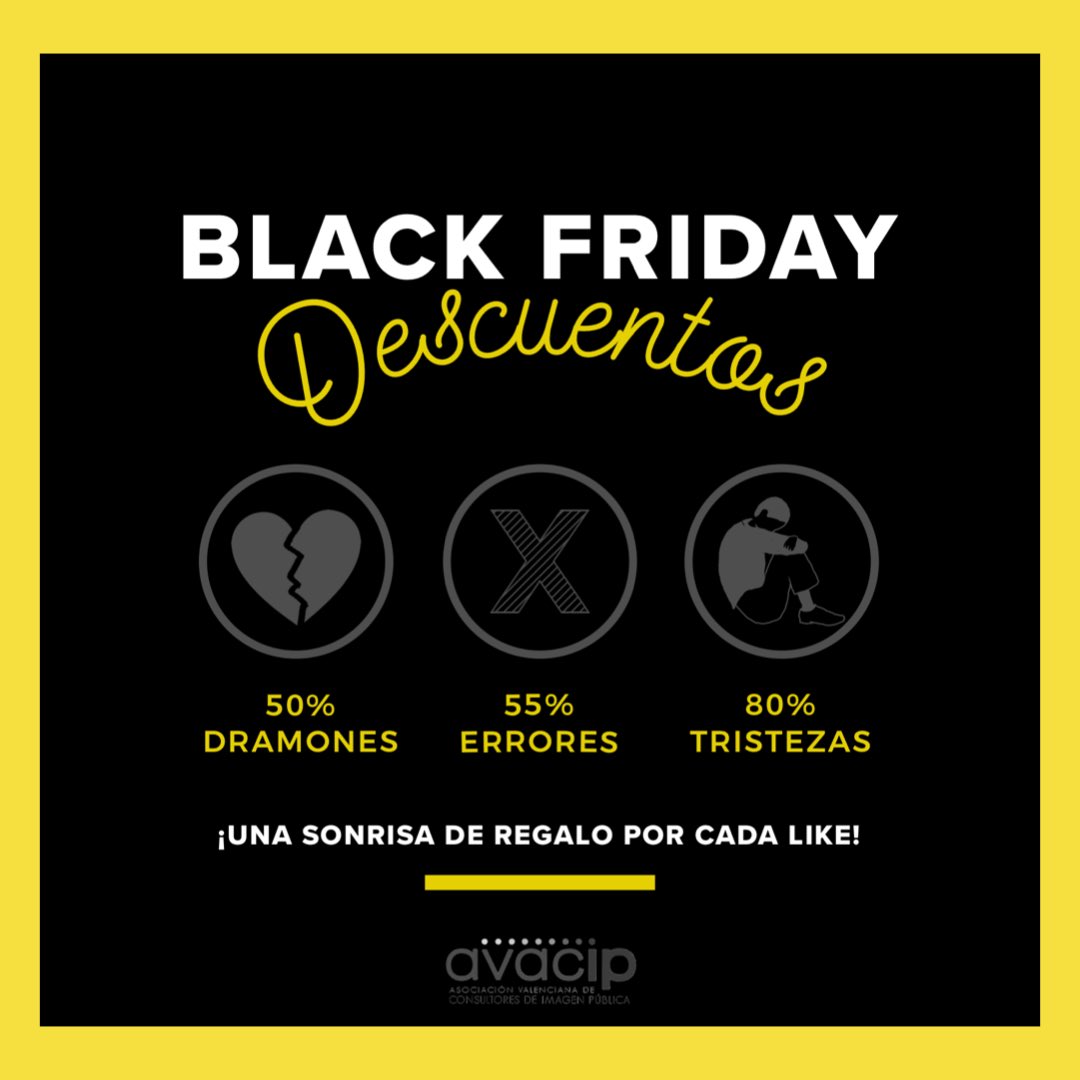 AVACIP_'s tweet photo. ¡BLACK FRIDAY EN AVACIP!

¡Descuentos exclusivos en dramas, errores y tristezas! 

Y de regalo 🎁 una sonrisa 😀 por cada like ♥️ 

¡Que venga la alegría!

#blackfriday #avacip #alegria #dramones #liderazgo #imagenpública https://t.co/YseFRSdKhX