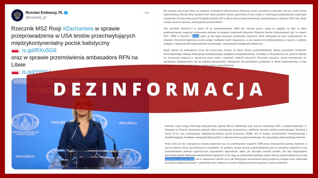 Disinfo_Digest's tweet photo. Maria Zacharowa, rosyjska ambasada w Warszawie przedstawiają #fałszywe tezy nt. ofensywnych zdolności i przeznaczenia tarczy antyrakietowej #Redzikowo w Polsce powstającej w ramach systemu obrony przeciwrakietowej w #EPAA. To #dezinformacja.

Poznaj fakty: https://t.co/aE82qFa3Qy https://t.co/WMcvPSwp8a