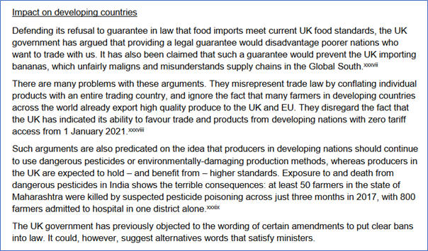 And yet animal welfare HAS been discussed in the WTO—in the Doha Round farm talks, in relation to subsidies. The response? A chorus of objections from developing countries who said their priority was human welfare. They will need to be persuaded. https://www.sustainweb.org/resources/files/reports/Future%20British%20Standards%20Coalition%20-%20Safeguarding%20Standards.pdf17 /18