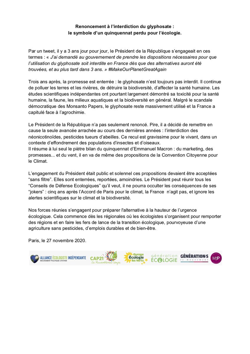 qguillemain's tweet photo. ⚠️
Communiqué de presse commun de @EELV @GEcologie @Cap21_LRC @allianceecolo @GenerationsMvt @MdpMouvement 
👇
"Renoncement à l’interdiction du #glyphosate :
le symbole d’un quinquennat perdu pour l’ #écologie " https://t.co/GZTpNs0OIg