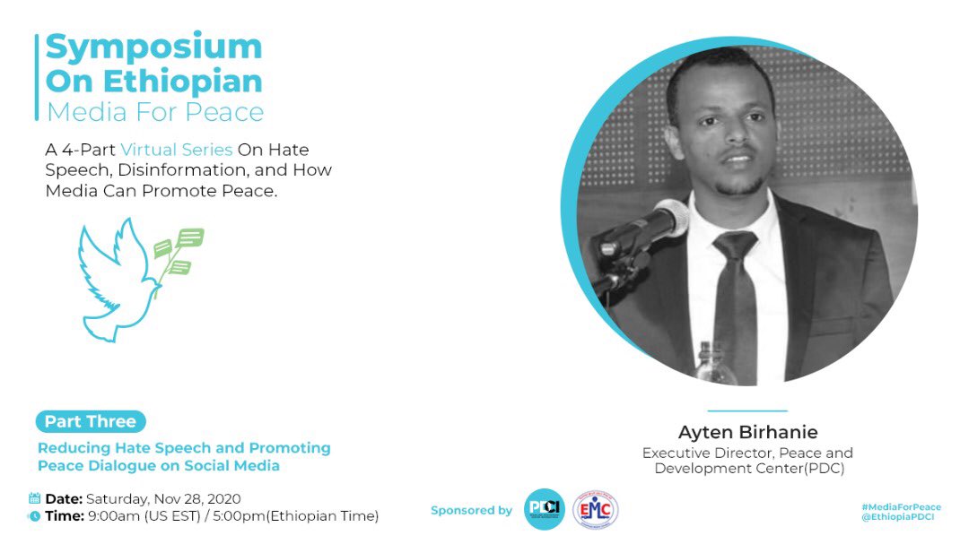 EthiopiaPDCI's tweet photo. The work on peace &amp; dialogue with &amp; amongst the youth has been a work of passion for Ayten A. Birhanie @Hooopppee who has dedicated his career to creating an inclusive &amp; peaceful dialogue. On Nov 28 hear from the Exec Director of PDC #mediaforpeace 
https://t.co/u76zSzdCwz https://t.co/xImRrp5nZW