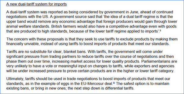 Finally, it’s unclear if the dual tariff system would cause problems in the WTO, also debated at length.Perhaps if products meeting welfare standards were re-categorised as separate “products” from those that don’t. Not simple to do. https://www.sustainweb.org/resources/files/reports/Future%20British%20Standards%20Coalition%20-%20Safeguarding%20Standards.pdf 18/18 ends