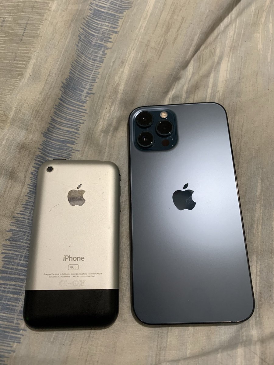 The original iPhone vs the new iPhone 12 Pro Max. Hard to believe we managed with such a small scream back in the day.