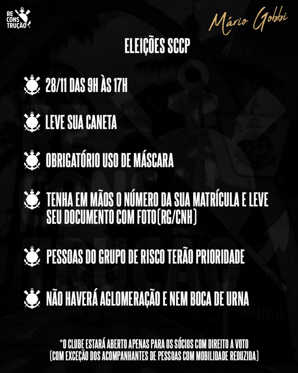 Sócias e sócios votantes, amanhã é o dia de exercer a cidadania e escolher o próximo presidente do Corinthians. Com todos os cuidados possíveis, vá até a nossa querida sede social e vote. A sua participação é de extrema importância neste processo democrático. #VaiCorinthians