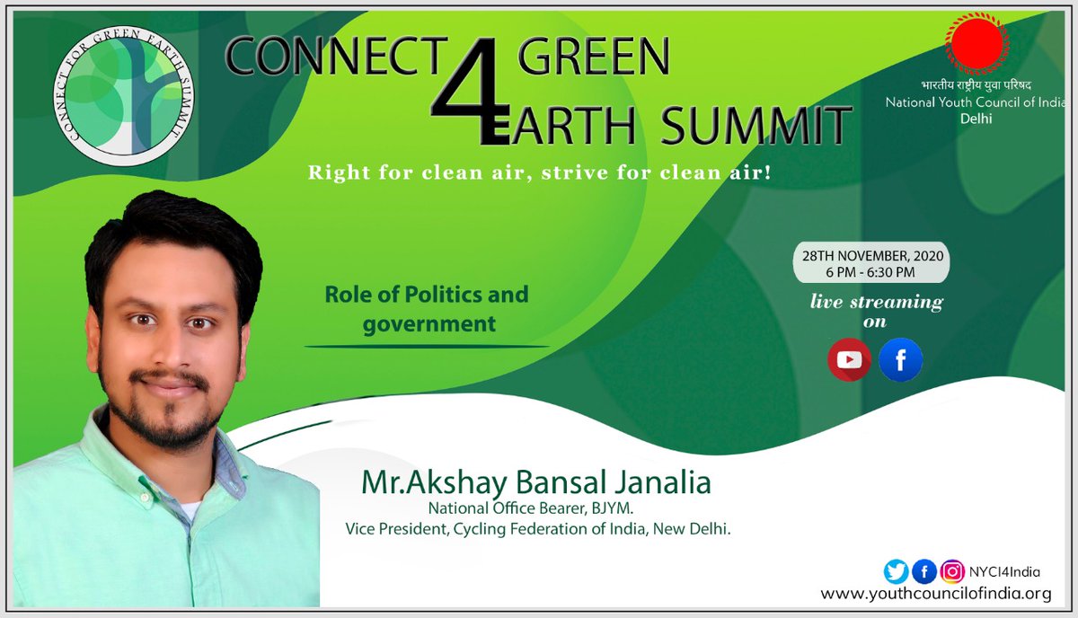 DelhiNyci's tweet photo. Connect 4 Green Earth Summit 🍀

Panel IV

Date-November 28 2020
Time- 6 PM to 6:30PM

@akshaybansalbjp ji
National Office Bearer BJYM
Vice President, Cycling Federation of India, New Delhi.

@amarprasadreddy 
@NYCI4India 
@iamdatchana https://t.co/ljtd0qmPlJ