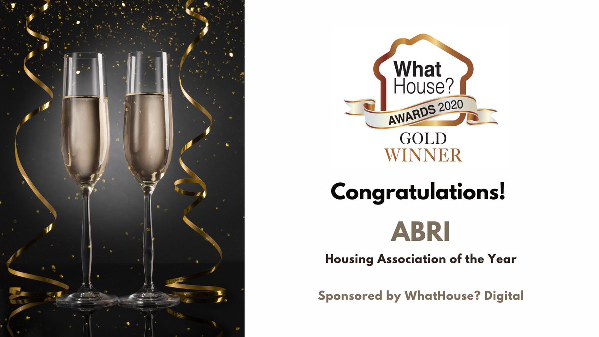 What_House's tweet photo. GOLD! Congratulations to Abri who win Gold for
Housing Association of the Year, sponsored by WhatHouse? Digital.

#WhatHouseAwards2020 @AbriGroup_EAs https://t.co/XG9etjhB5K