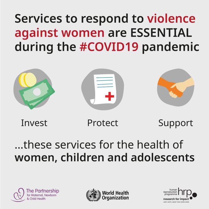 Services to respond to &  #EndViolence against women are essential during the  #COVID19 pandemic.INVEST, PROTECT & SUPPORT these services for the health of women, children and adolescents.  #16Days  