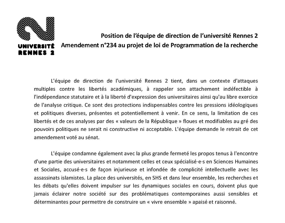 L'Université Rennes 2 est choquée de l'attaque du député du Vaucluse visant une enseignante-chercheuse et se réserve le droit de donner une suite juridique à cette dérive grave qui s'inscrit dans un contexte général visant les universitaires, sur lequel elle s’est déjà exprimée⬇️