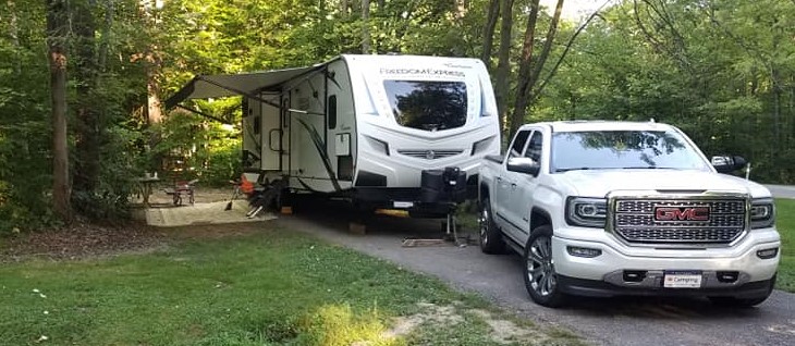 craftingalsal's tweet photo. I love our new RV &amp; truck!  This was our set-up at West Branch campground in Ohio this past August. https://t.co/iGbJT3yNPc