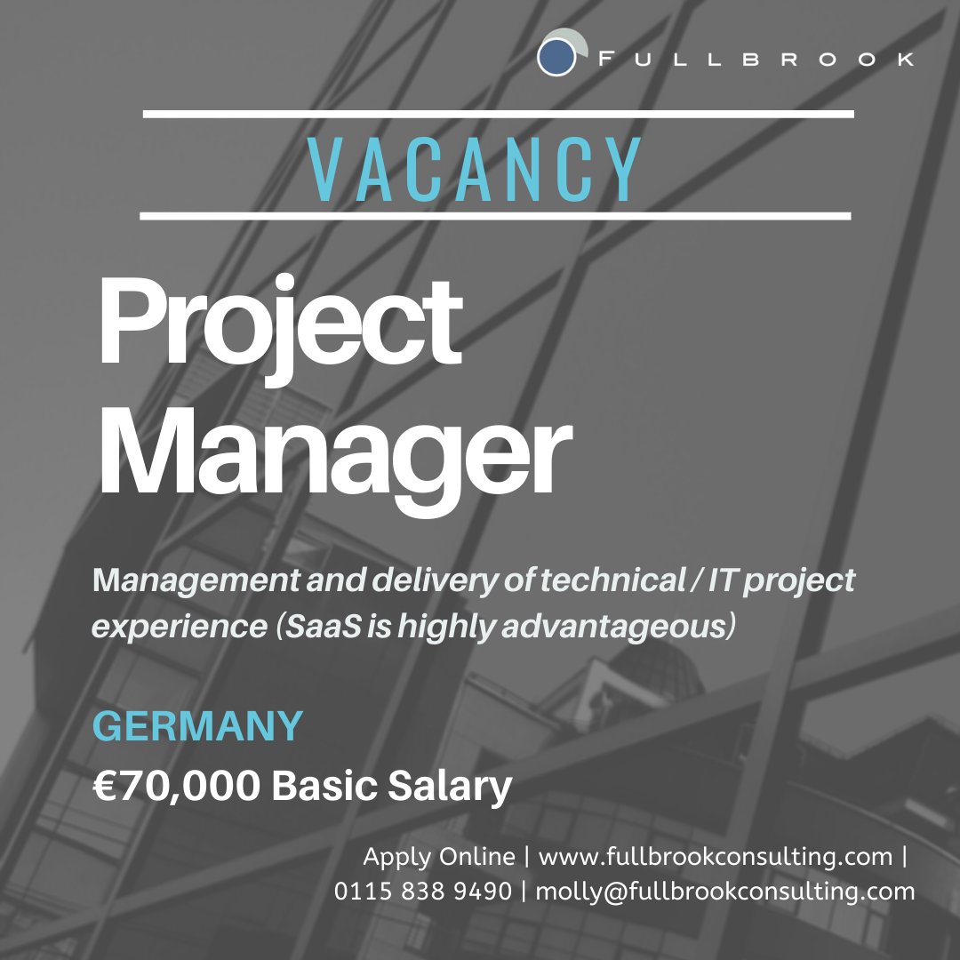 FullbrookGroup's tweet photo. NEW ROLE! We are searching for a Project Manager. Based in Germany - €70K basic salary. 

The ideal candidate must have experience managing/delivering IT/technical projects.

For more information or to apply, email molly@fullbrookconsulting.com

#recruitment #projectmanager #IT https://t.co/XnIqak3UAt