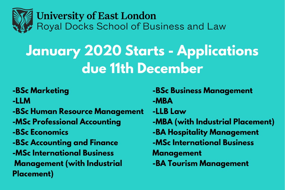 SBL_UEL's tweet photo. We still have courses available for a January 2020 start!
Mark your calendars as applications are due on 11th December📅

Apply here 👉https://t.co/7KLGXJRuH8
#StudyBusiness #StudyLaw #Janstart #Januarystart #UEL @UEL_News https://t.co/Evvba1lILN