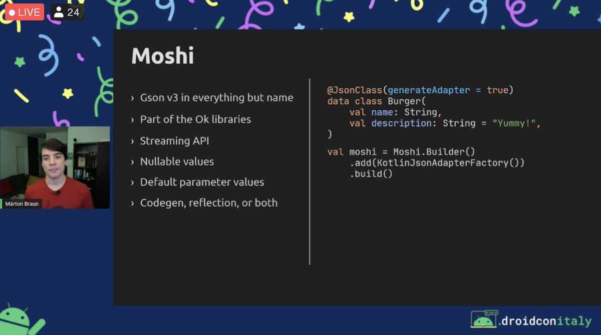 mosquitoman81's tweet image. &quot;Krate ft. Moshi: a Kotlin library design case study&quot;, thanks @zsmb13! @Droidconit #droidconit #androidconnected