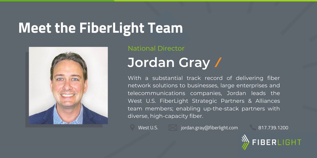FIBERLIGHT_LLC's tweet photo. Happy #MeetFiberLightFriday! Jordan Gray is the West #US National Director of the #FiberLight Strategic Partners &amp; Alliances Program and has a substantial track record of enabling valued partners with diverse, high-capacity #fiber solutions. https://t.co/0aEfLROB8z https://t.co/KZzWBS1cpG